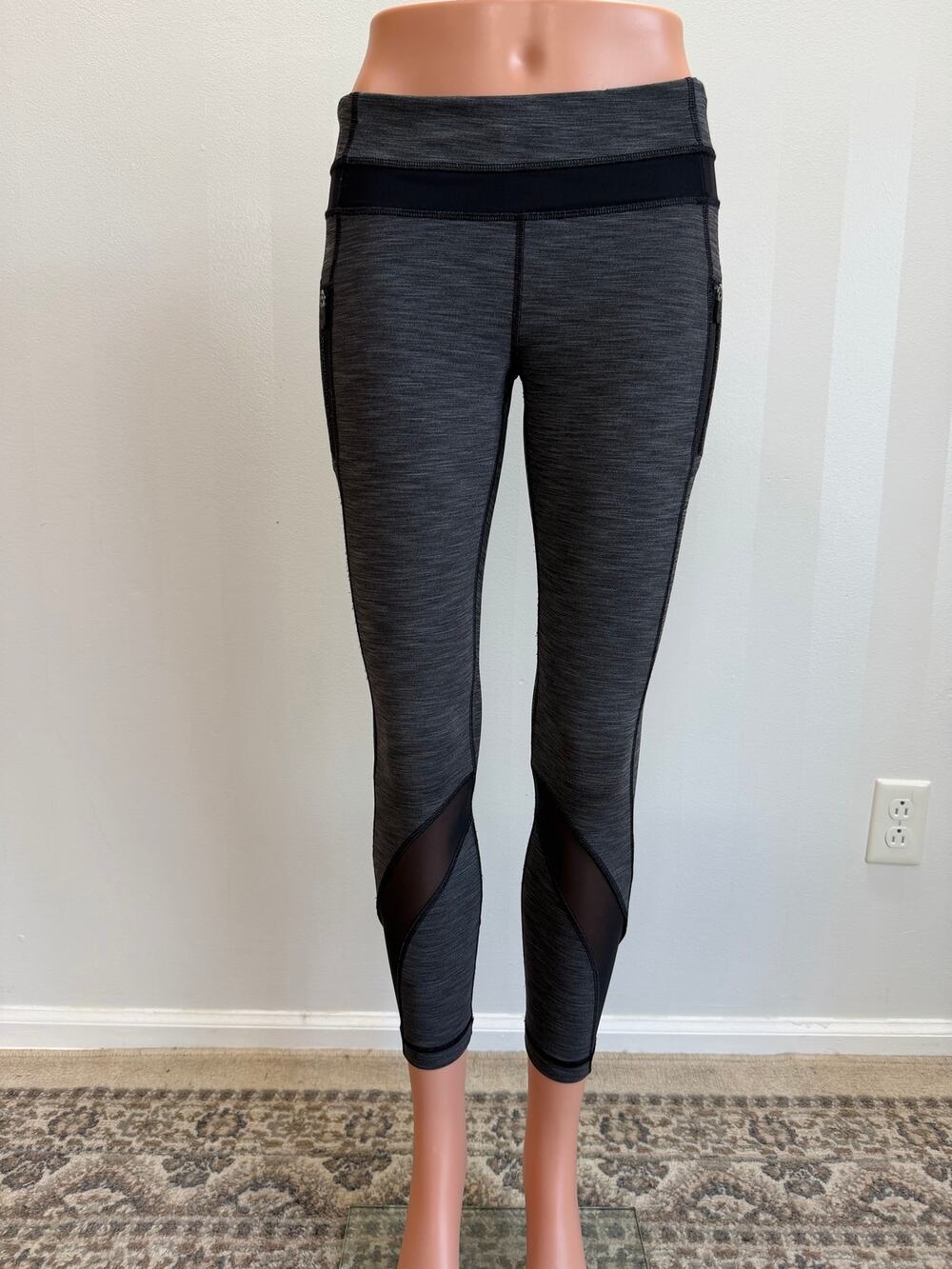 Lululemon Inspire Crop II Gray Heathered Mesh Panel Leggings Zip Pocket Sz 6